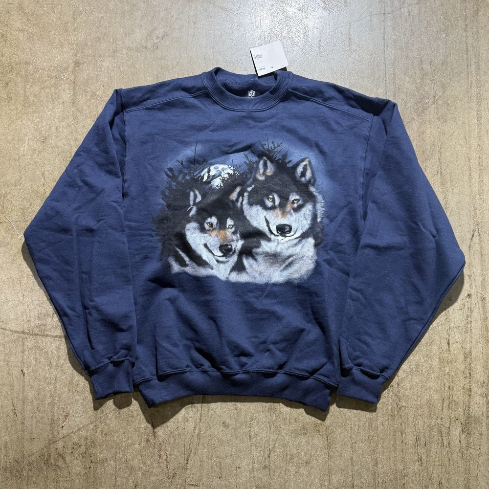 Covington Sweatshirt Mens Medium Blue Crewneck Fleece Wolf Graphic Print Nature